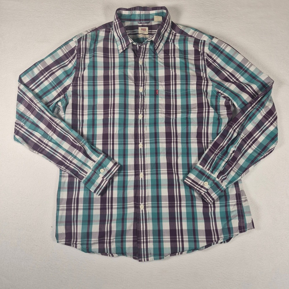 Levis Mens Standard Fit Plaid Button Down Shirt Teal Purple Large 85748-0115